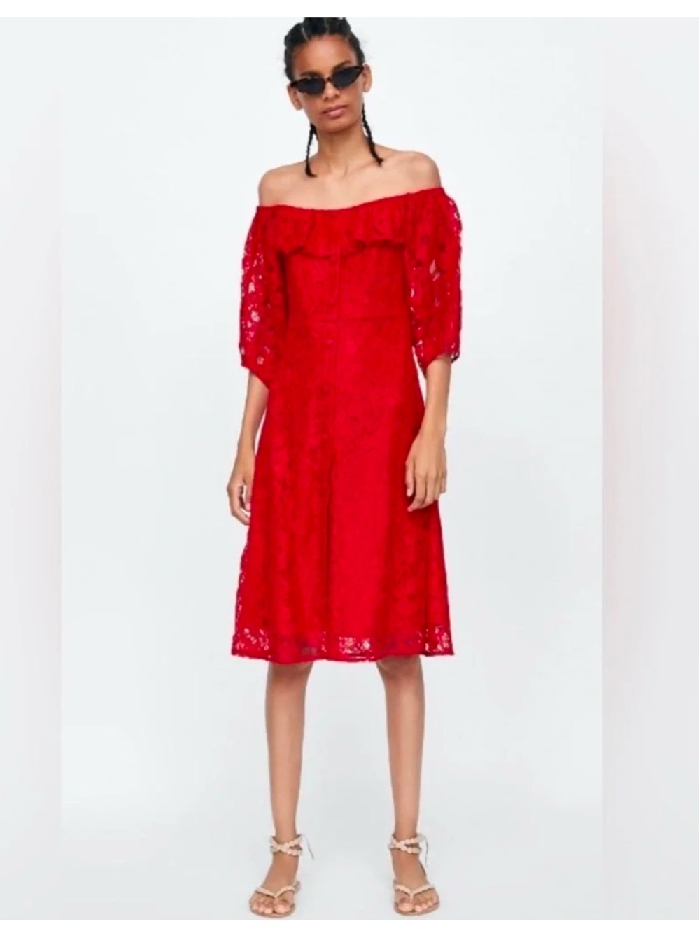 Zara Off-Shoulder Red Lace Midi Dress
